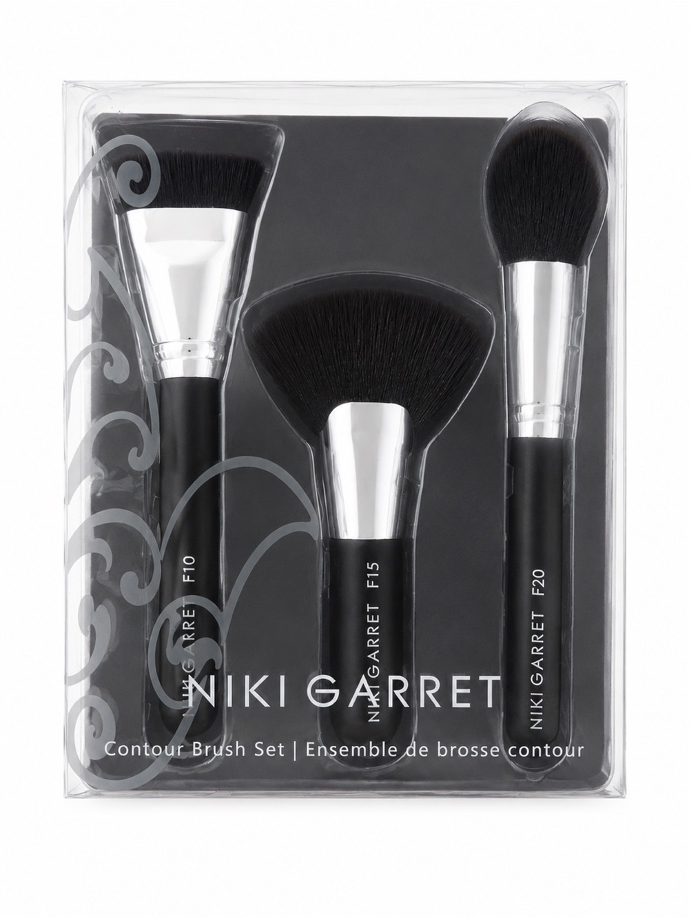 Niki Garret Contour Brush Set Makeup Brushes Highlighting Fan Black Silver